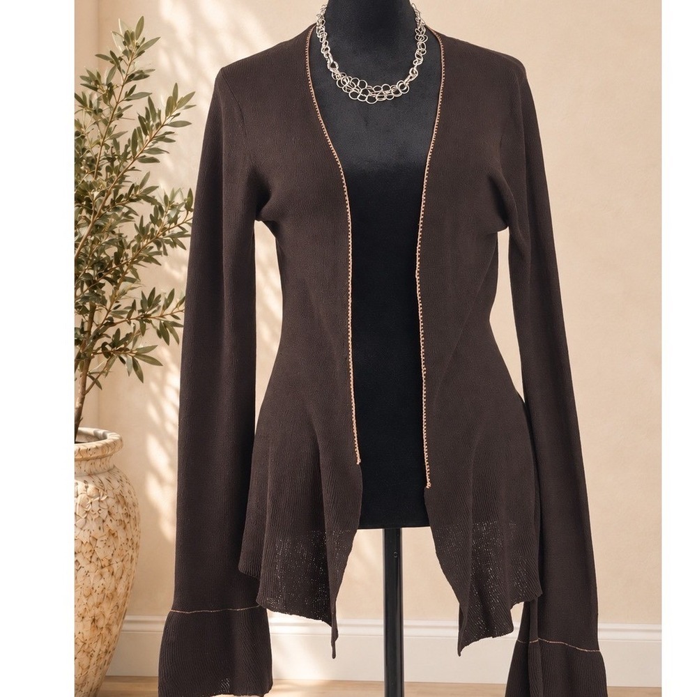 Max Studio Brown Peplum Bell Sleeve Open Front Cardigan Sweater Small Y2K